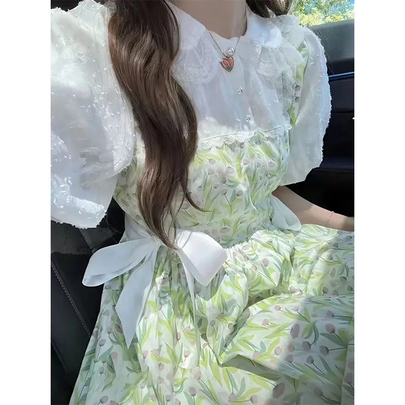 Korejepo Summer Fresh Gentle Bow Doll Neck Dress Children Students Loose Slimming A-line Dresses Reducing Age Beautiful Vestido