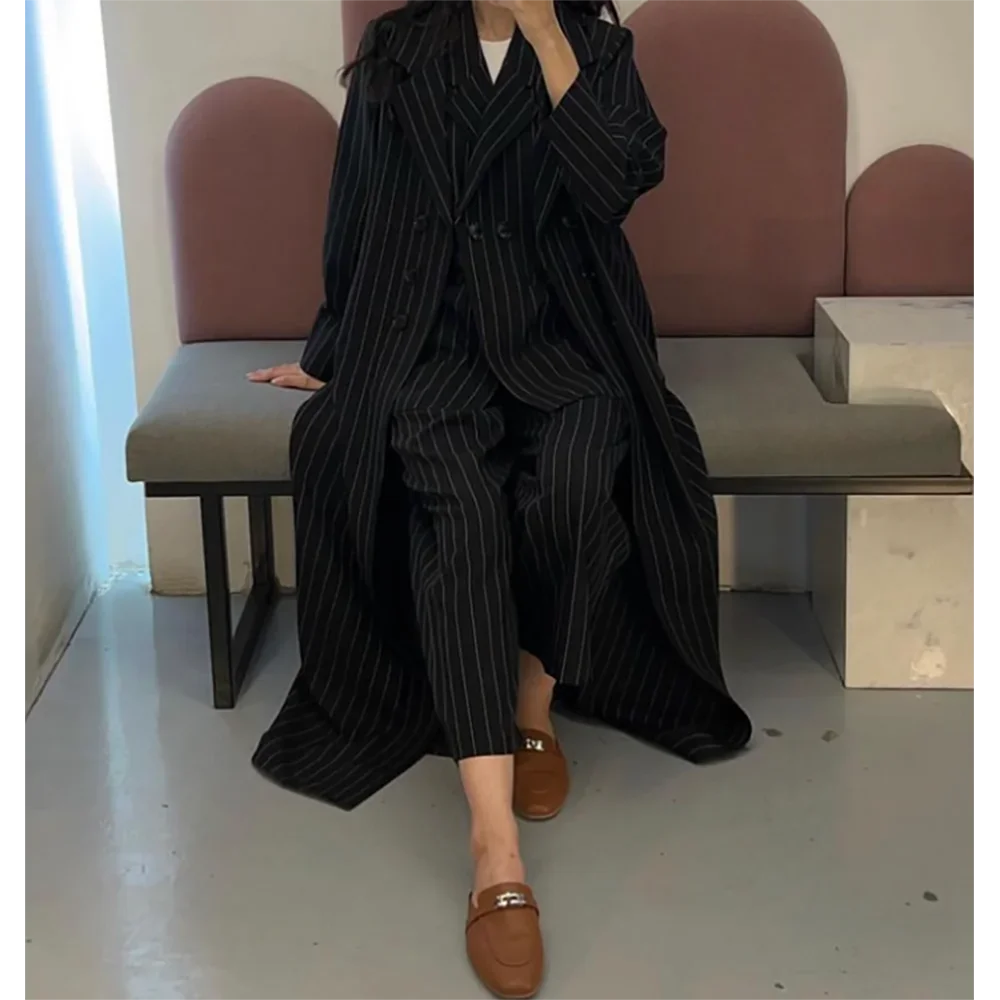 Fashion Black Stripe Double Breasted Women Long Jacket Elegant Female Daily Coat Formal Ankle Length Dress Abaya