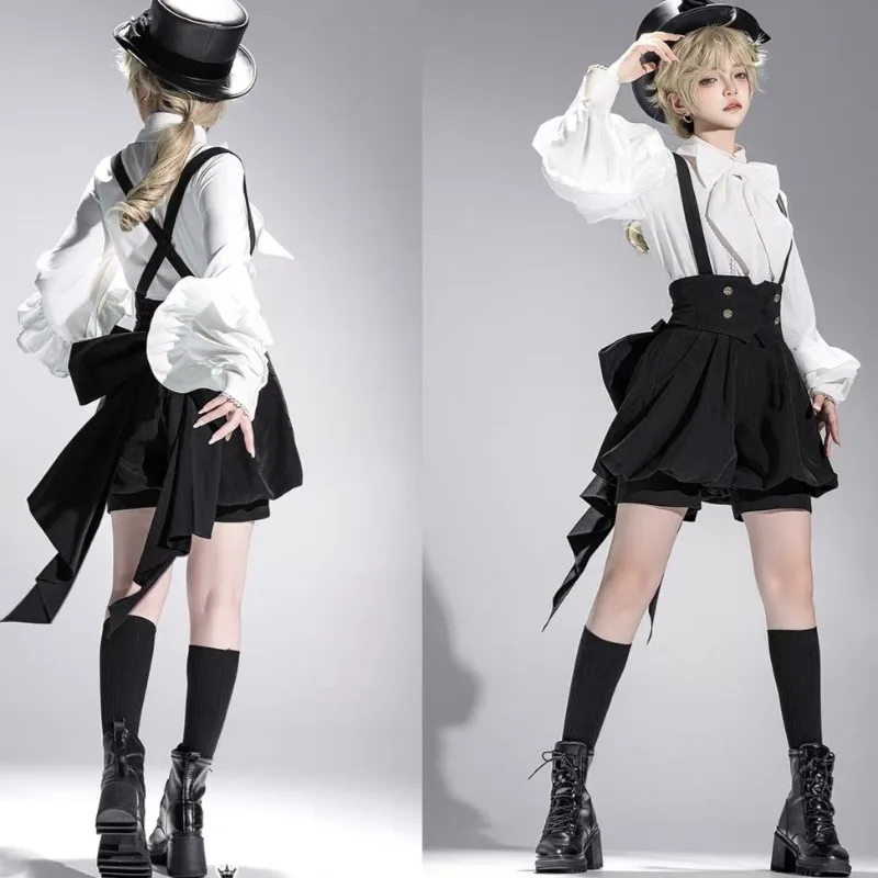 2026 صيف جديد قطعتين مجموعات خمر أنيقة التلبيب الرقبة طويلة الأكمام لوليتا قميص المرأة + Y2k عالية الخصر القوس حزام السراويل