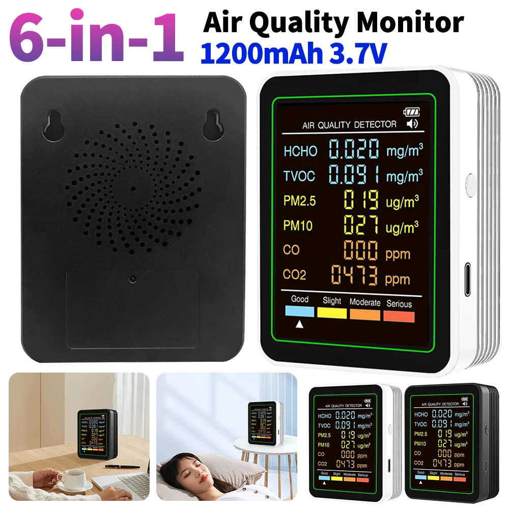 6-in-1 Digital Air Quality Monitor Real-Time Air Quality Meter Portable Temperature Humidity Detector for Home Office School