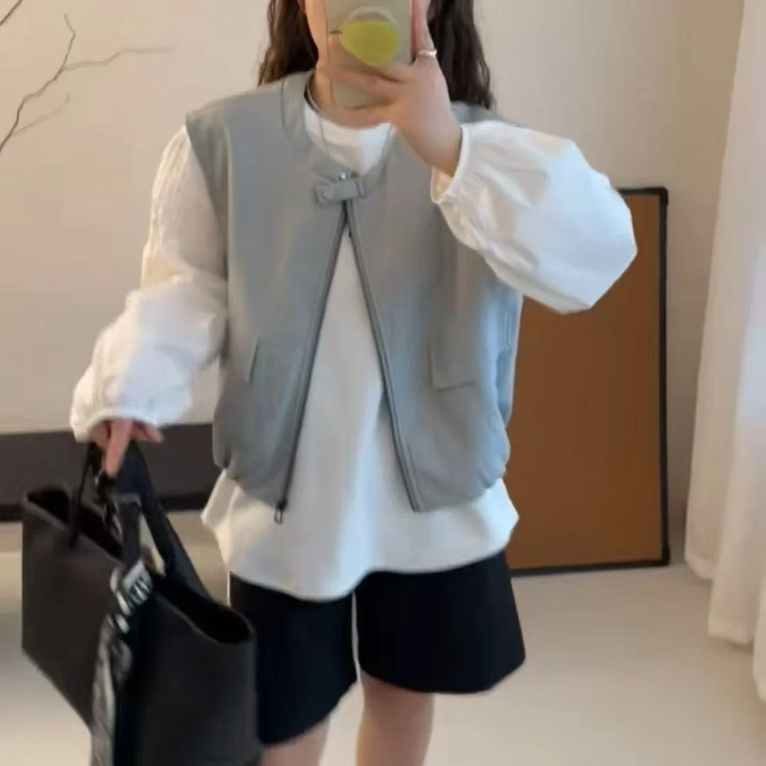 

Модный японский свободный утягивающий кожаный жилет на молнии, универсальная верхняя одежда S2, круглая, Ne для поездок на работу