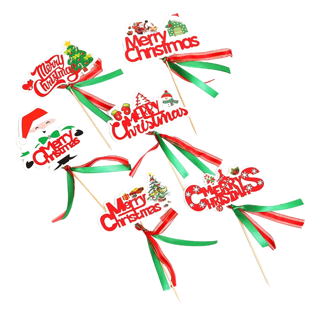 

6 Pcs Cake Picks Paper Material Christmas Theme Cake Decoration Dessert Topper Baking Ornament Party Accessories