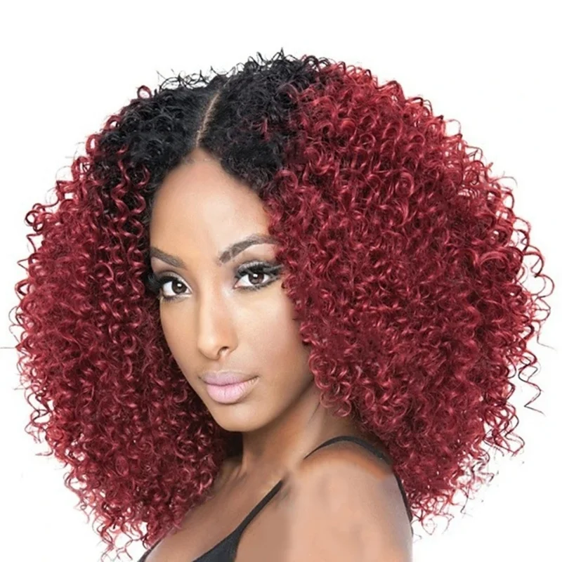 Medium-parted small curly tube , burgundy dyed black, fluffy synthetic shoulder-length women's wig