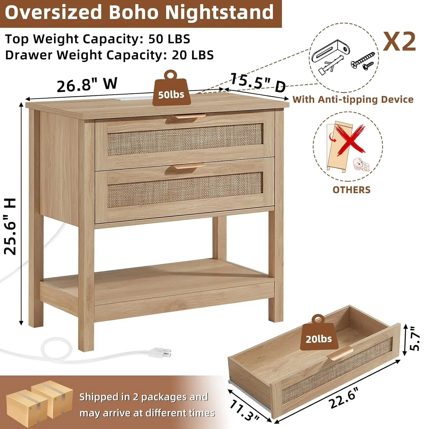 Rattan Nightstand Set 2 with Charger Station & USB Ports, Bedroom Storage End Table, 26.8