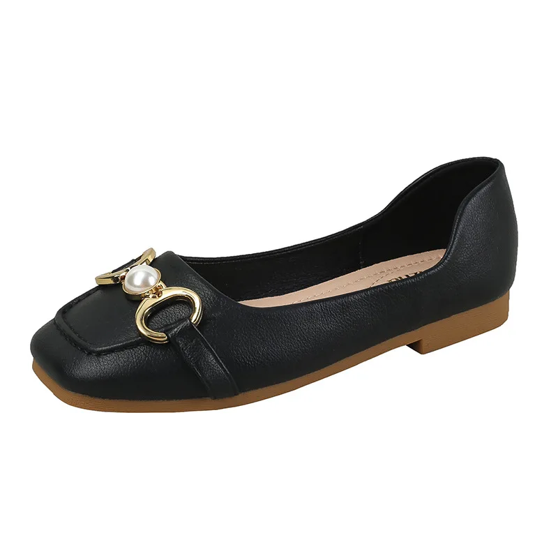 Big Size 35-43 Women Flats Leather Shoes Metal Buckle Pearl Decoration Office Lady Slip on Loafers Spring Fashion Pumps Shoes
