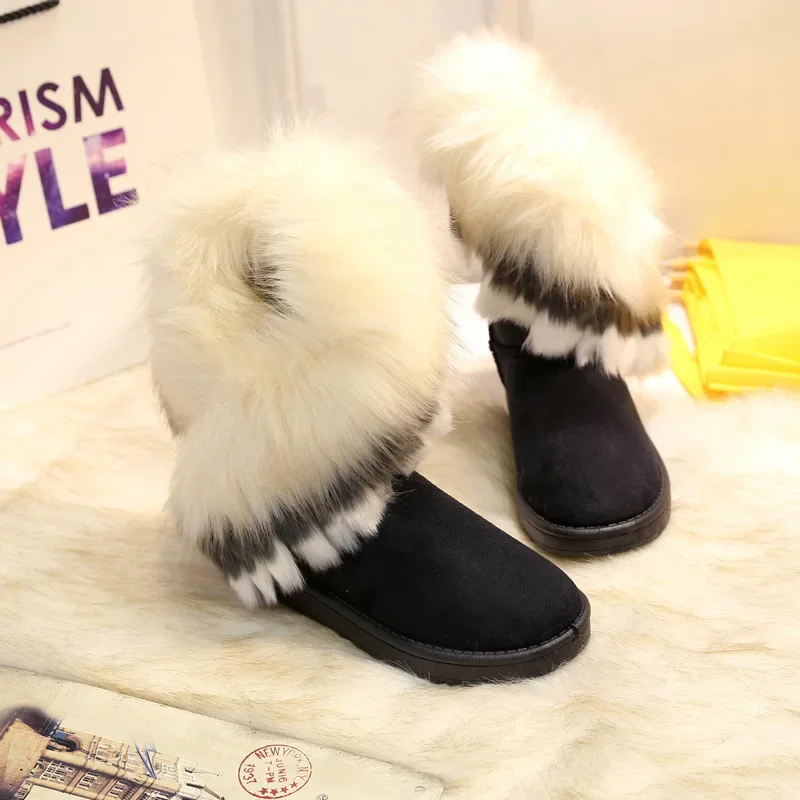 Fashionable Women's Boots Extra Large Fox Fur Rabbit Fur Lining Cotton Fringed Design Waterproof High Cut