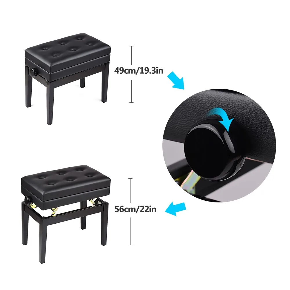 Wooden Adjustable Piano Bench Stool Soft Cushion Padded with Sheet Music Storage Black