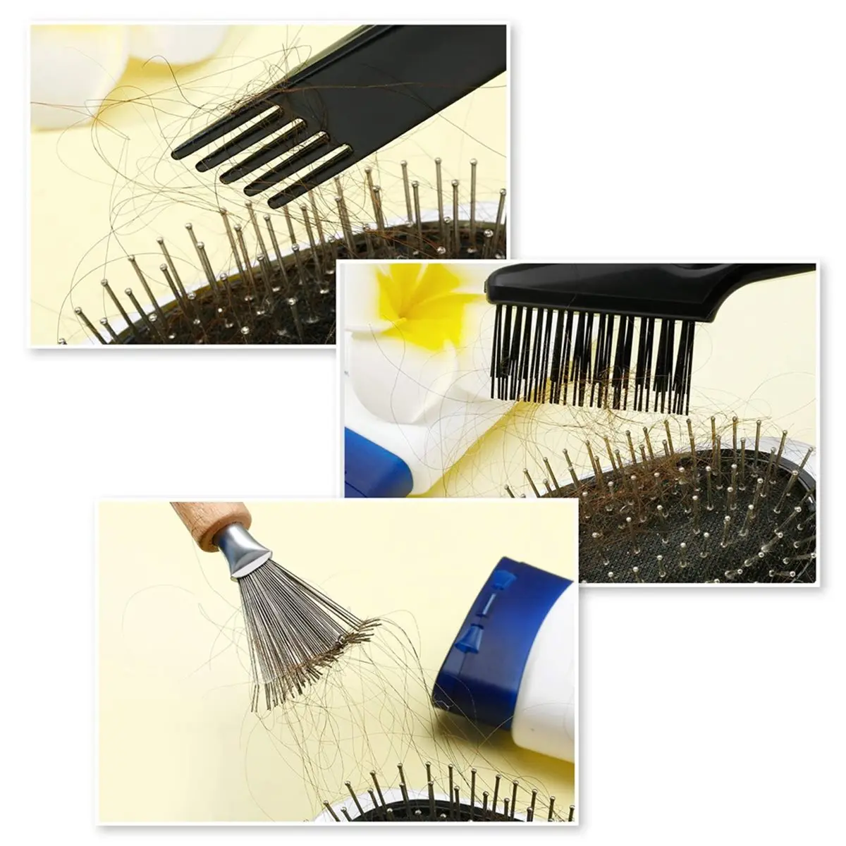 AB09 2 Pieces Hair Brush Cleaning Tools - Mini Comb Cleaner Rake with Wooden Handle for Removing Hair Dust and Salon