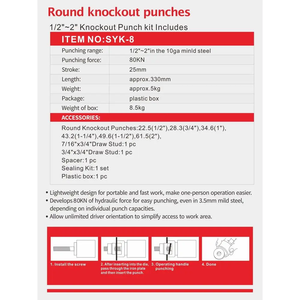 Hydraulic Knockout Hole Punch Set Electrical Conduit Metal Sheet Puncher Kit 1/2" 2" Dies Included Steel Stainless 8T High