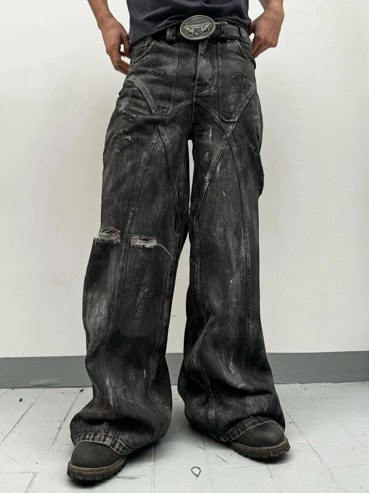 Jeans Masculinos Pretos dos com Pintura, Corte Solto e Perna Reta, Moda Jovem com Corte 3D, Resistentes à Sujeira e g...