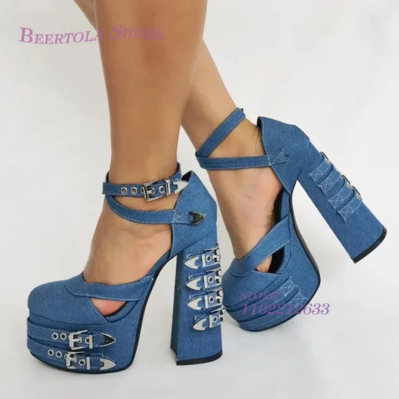 Denim Blue Patchwork Belt Buckle Platform Woman Chunky Heels Metal Strap Spring Pleated Round Lolita Elegant Shoes Dress Fashion