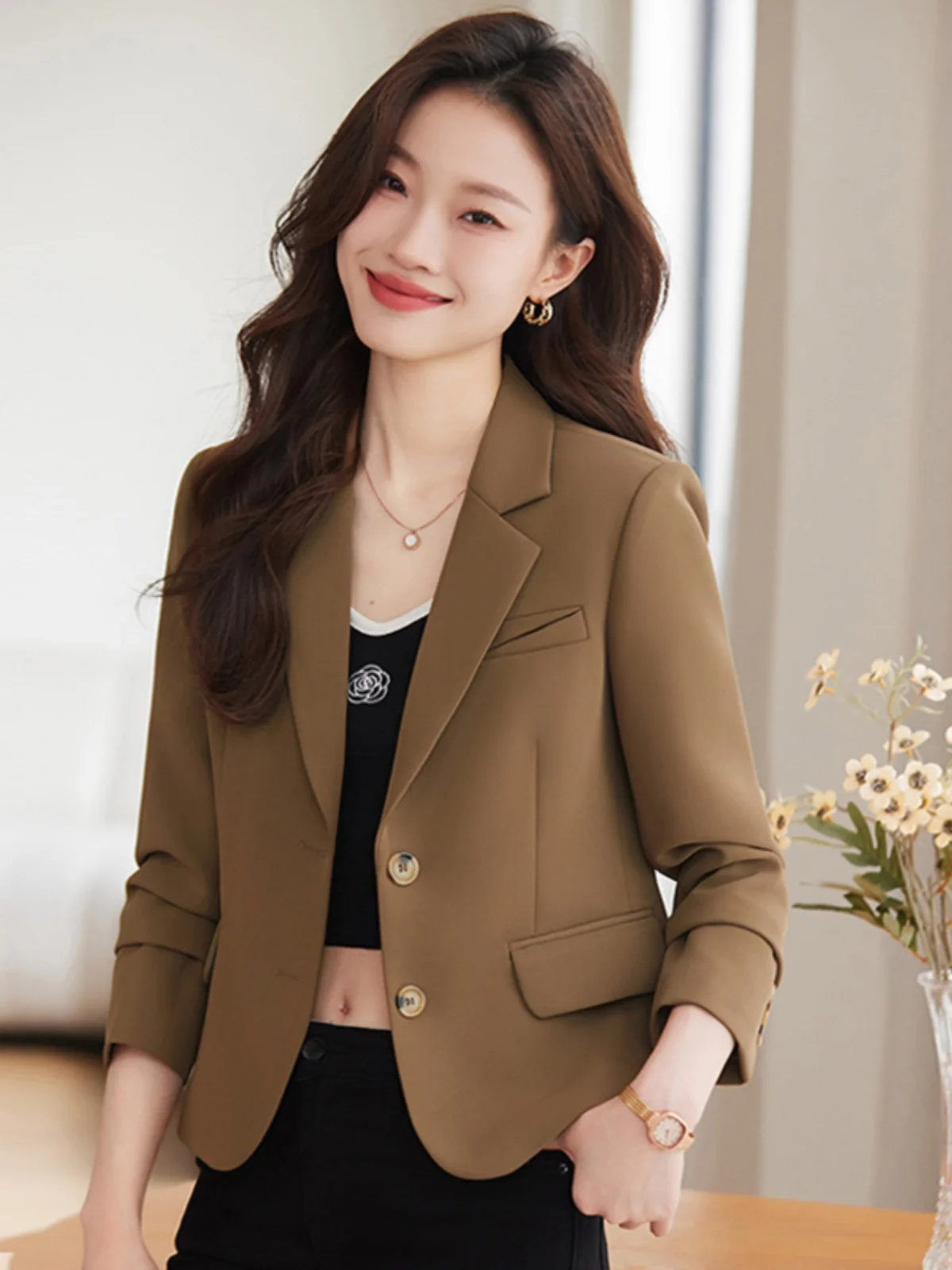 Short Casual Women's Jacket Spring Autumn Small Size Professional Commute Top Fashionable Compact Design Long Sleeve