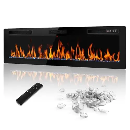 72 inch Ultra-Thin Electric Fireplace, Black | Recessed & wall mounted slim linear heater for 2x4 & 2x6 studs