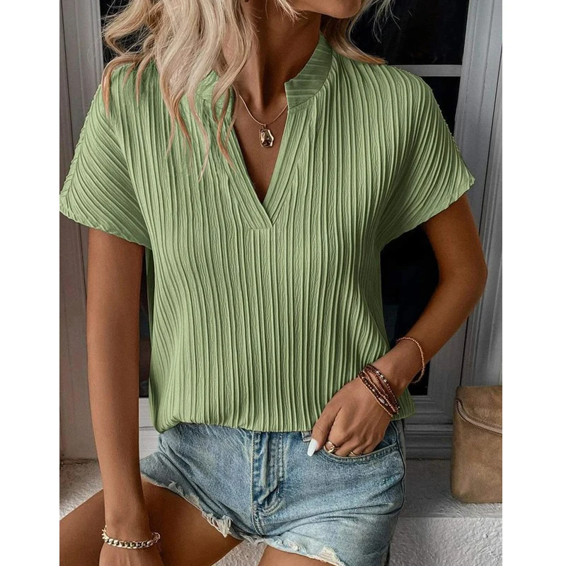 Women Trendy Solid Striped V Neck Short Sleeve Tops Summer Office Lady Elegant Blouses Casual Loose Shirts Blusa Mujer Moda 2023