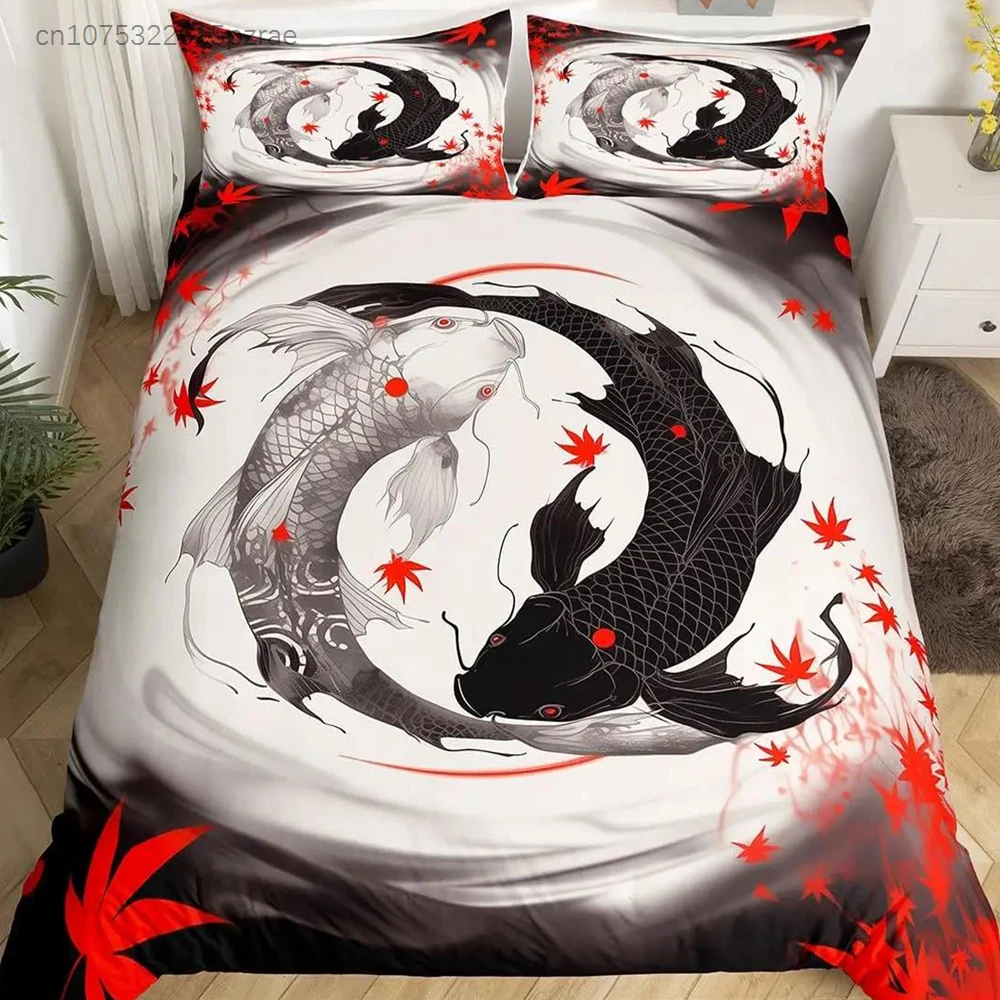 Japanese Goldfish Duvet Cover Set Fantasy Yin Yang Cherry Blossom Flowers Comforter Cover Set Blue Sea Wave Breathable Bedding