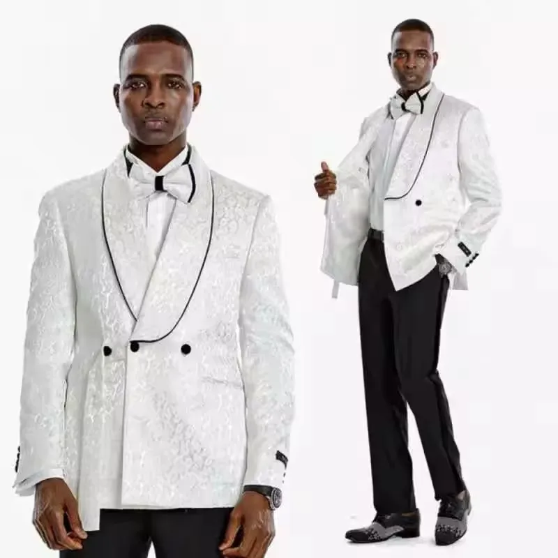 

Classic Jacquard Wedding Suits For Groom Shawl Lapel Double Breasted Tuxedos 2 Pcs Jacket Pants Evening Party Prom Customized