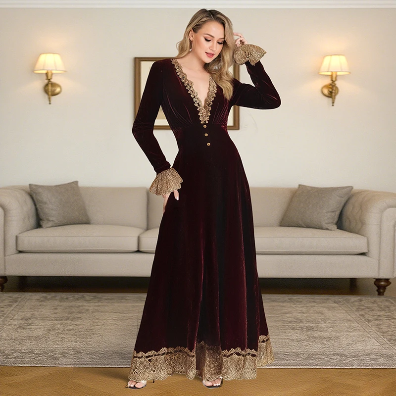 

Autumn Winter Velvet Dress for Women Solid Long Sleeves V Neck Button Lace Trim Maxi Dress Elegant Party Evening Dresses 2025