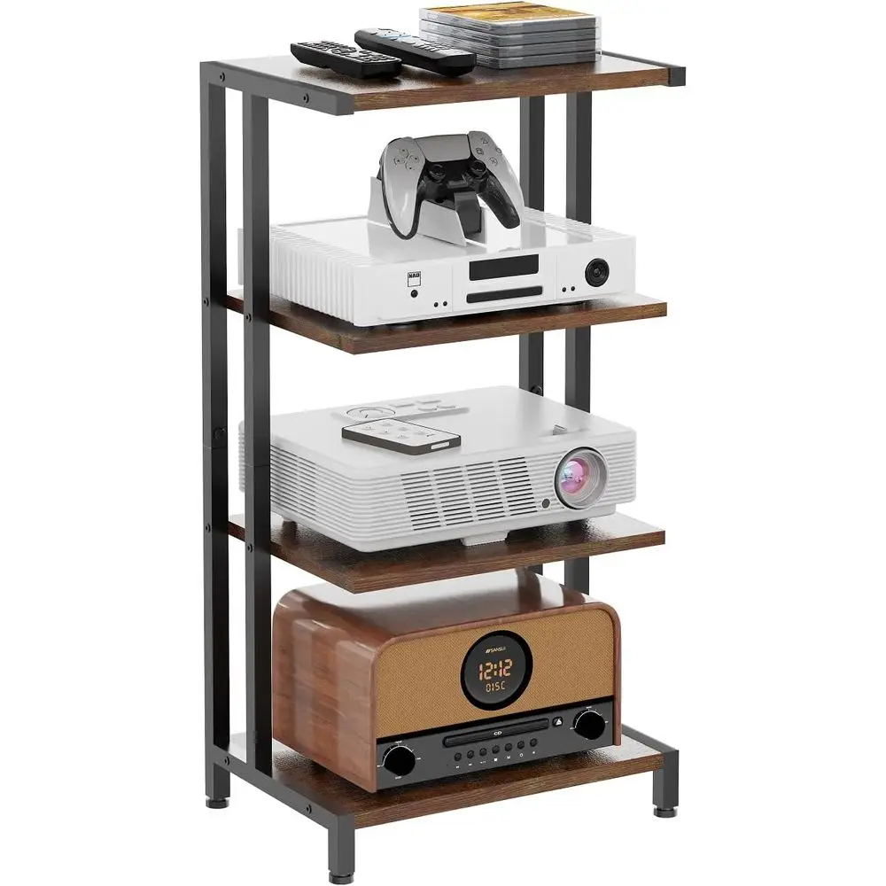 16.5 Small 4-Tier Narrow AV Media Stand Wooden Shelves Stereo Cabinet Audio Rack Stand Perfect for Small DVD Players, Game Conso
