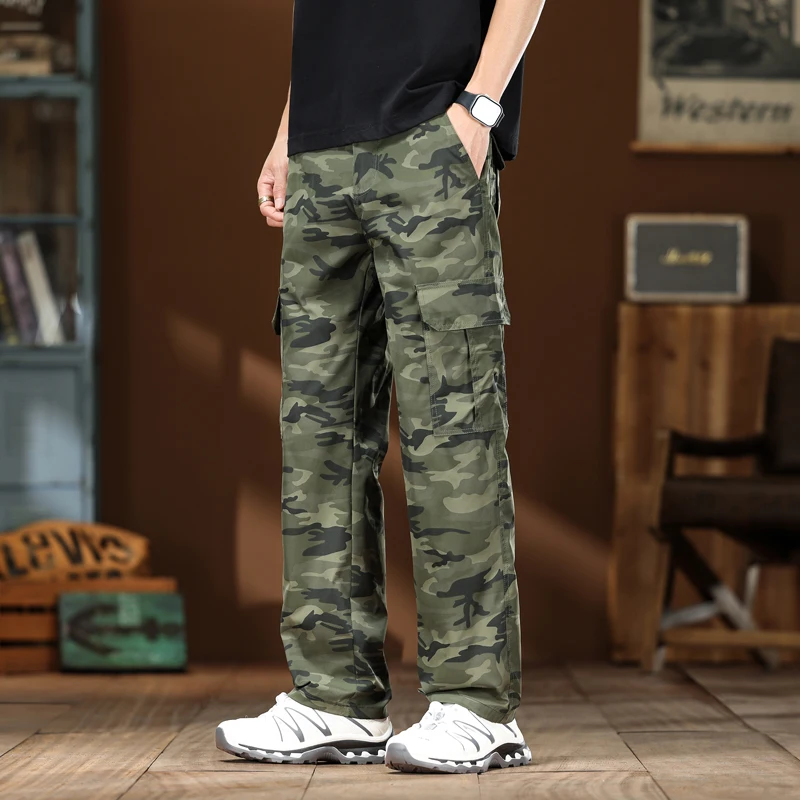 Spring Summer Men's Camo Cargo Pants Elastic Waist Baggy Straight Trousers Outdoor Tactical Work Desert Camouflage Pants Man view 2