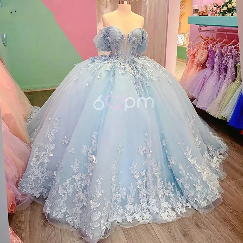 ANGELSBRIDEP Mexican Sweet 16 Quinceanera Dresses Ball Gowns Sky Blue Pearls Beads Appliques Lace Vestidos De XV Anos Customized