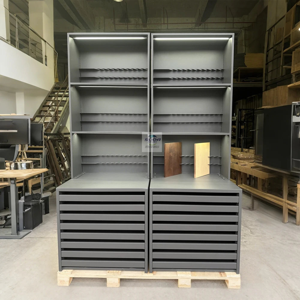 Factory Customized New Type Durable Inclined Board Wooden Floor Display Cabinet Drawer For Exhibition Halls