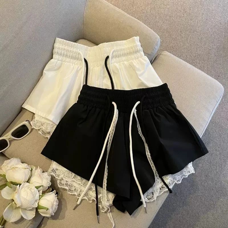 Women Sweet Y2K Lace Layered Shorts Drawstring Waist Fake Two Piece Loose Hot Pants Summer Korean Fashion Spice Girl Shorts New