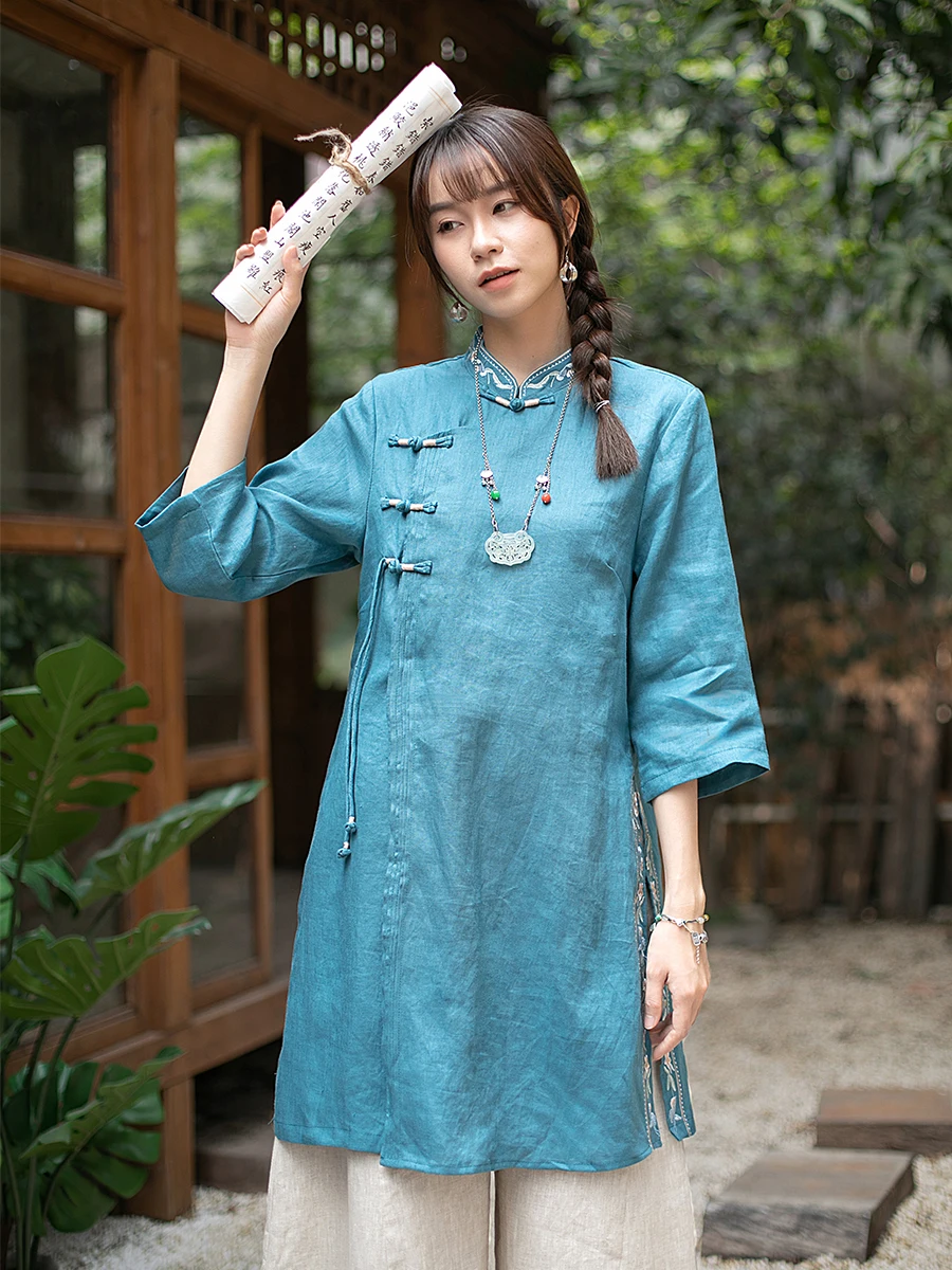 

Yuanzheng Summer Linen irt Five-Quarter Sve Retro Button Embroidery Sle Mid-Length Chinese Tea Costume Women's Faion