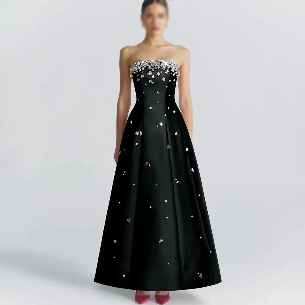 فساتين سهرة أنيقة مطرزة باللون الأسود بدون حمالات فساتين حفلات رسمية بطول الكاحل مطرز بالخرز فساتين لحضور الحفلات الموسيقية حسب الطلب