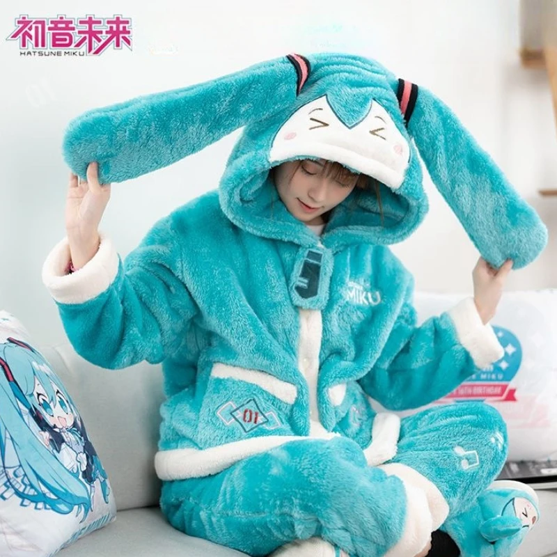 Anime Hatsune Miku Pajamas 2 Piece Set Cartoon Cute Girl Fashionable Long Sleeves Trousers Home Wear Set Warm and Comfortable