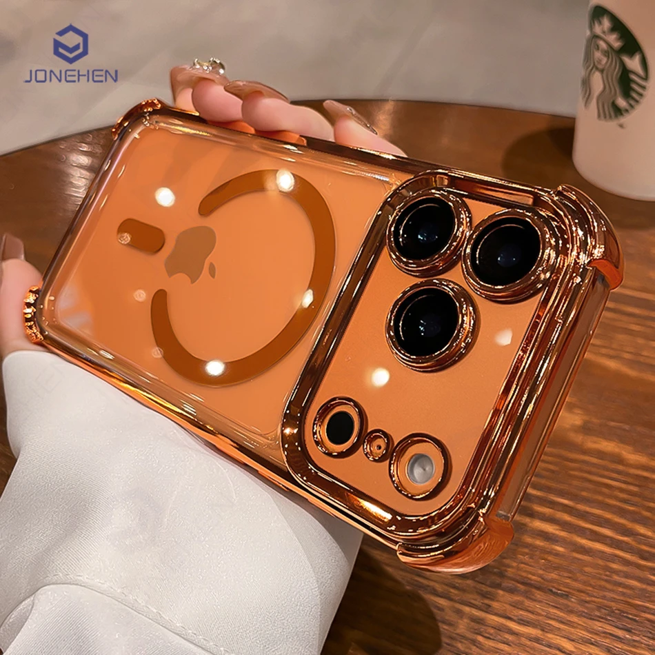 

Магнитный противоударный прозрачный чехол для iPhone Air 16, 15, 14, 13, 12, 17 Pro Max, оранжевый бампер, прозрачный жесткий чехол для Magsafe