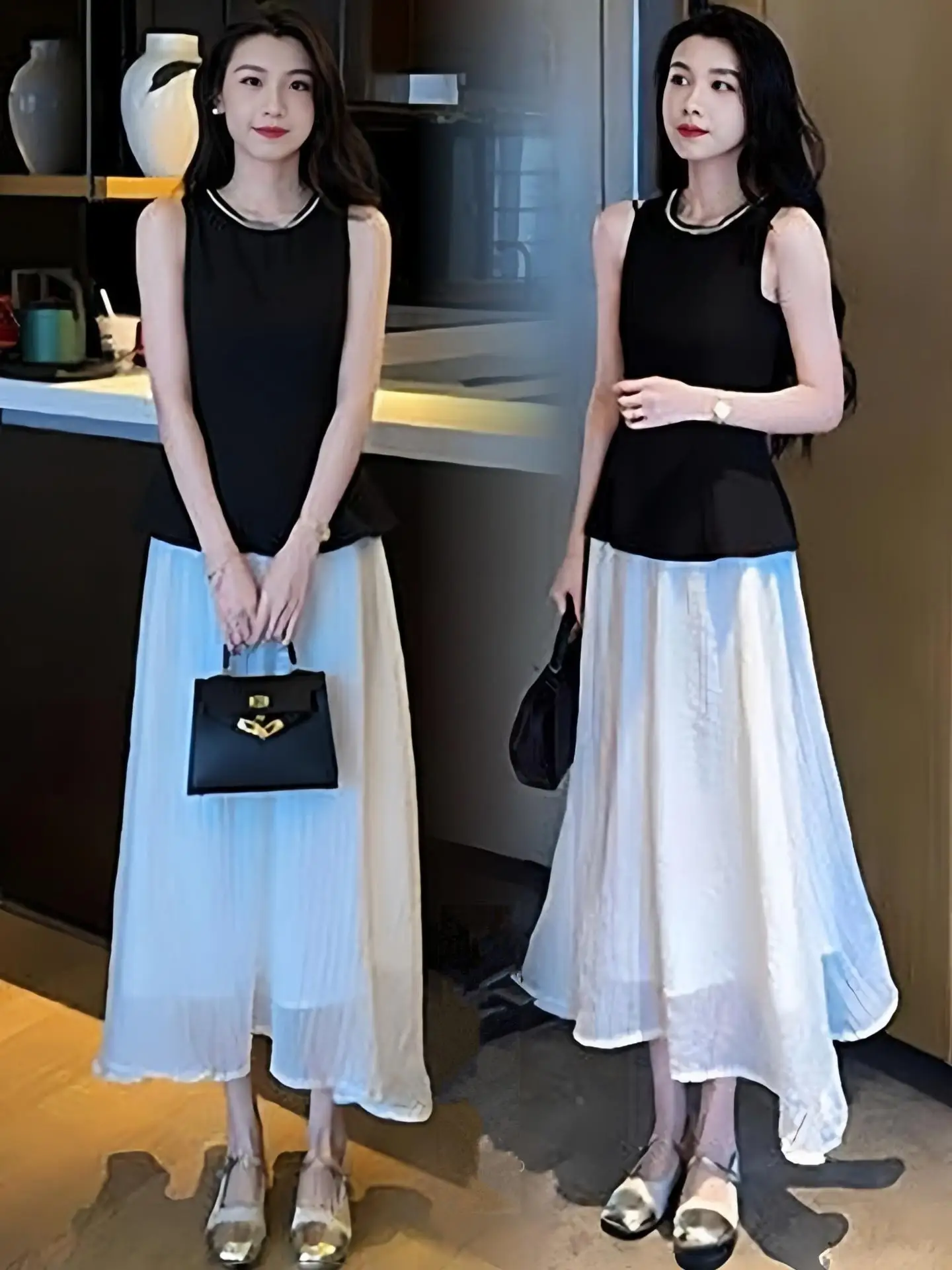 ファイオナブルサマー新作スリムラウンドネスベルドセットレディースハイウエストAラインスカートツーピースアンサンブル