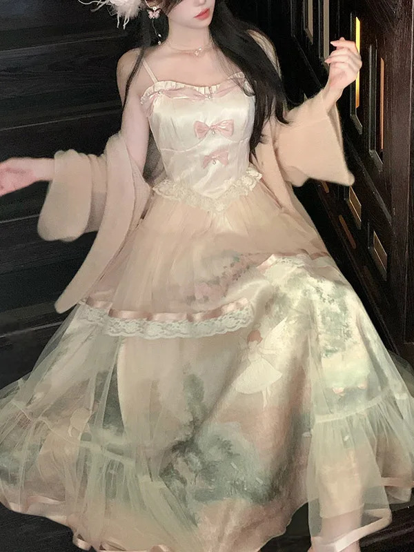 Tamanho grande feminino impressão gaze doce arco slash neck suspender vestido primavera outono cintura alta a linha festa princesa bolo vestidos