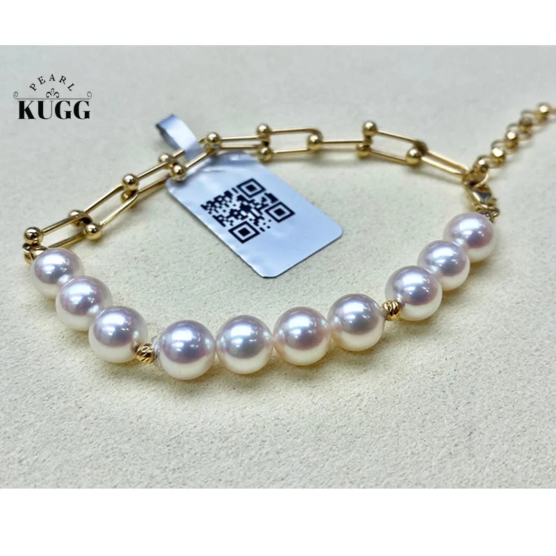 

KUGG PEARL 18K Yellow Gold Bracelet Fashion Style 6.5-7mm Real Natural Pink Akoya Pearl Bracelet for Women High Party Jewelry