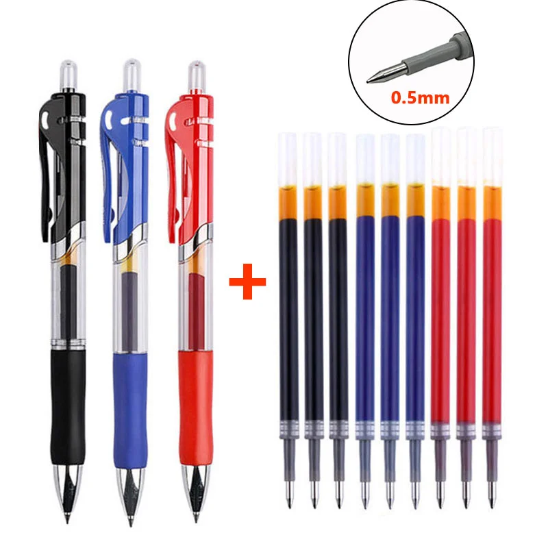 13pcs/set Ballpen Retractable gel pens black/red/blue ink large capacity 0.5 mm replaceable refills Office & school stationery