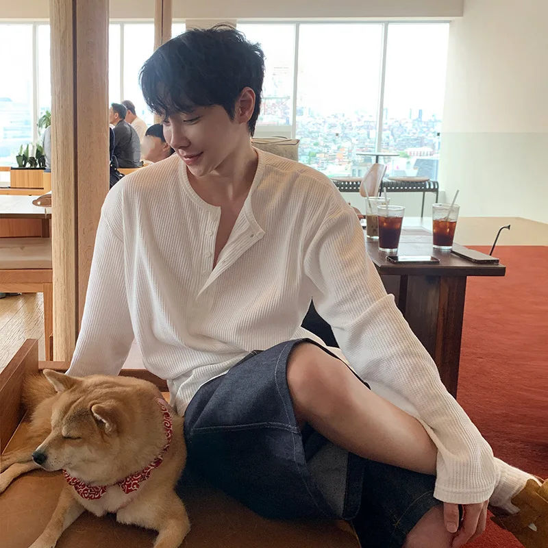 

Man Base Layer Knitting T-shirt 2026 New Spring Men's Henley Neck Long Sleeve T Shirt Vertical Striped Loose Casual Tops