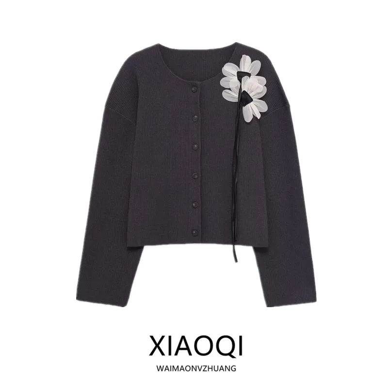 

Новый осенне-зимний женский вязаный кардиган с длинными рукавами, круглым вырезом, цветными блоками, цветочным узором, в рубчик, укороченный, на пуговицах