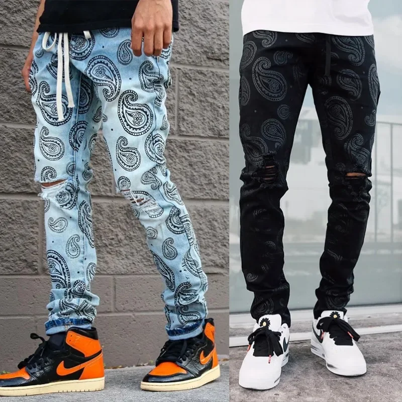 New Printed Denim Mens Pants with Black Holes and Straight Leg Jeans for Men