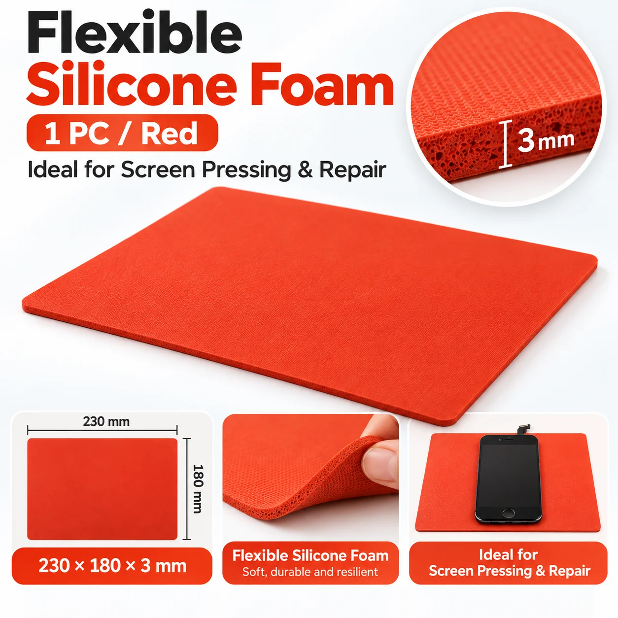 230x180x3mm Silicone Foam Cushion Pad for Mobile Phone LCD Screen Laminating Press Heat Insulation Repair Mat