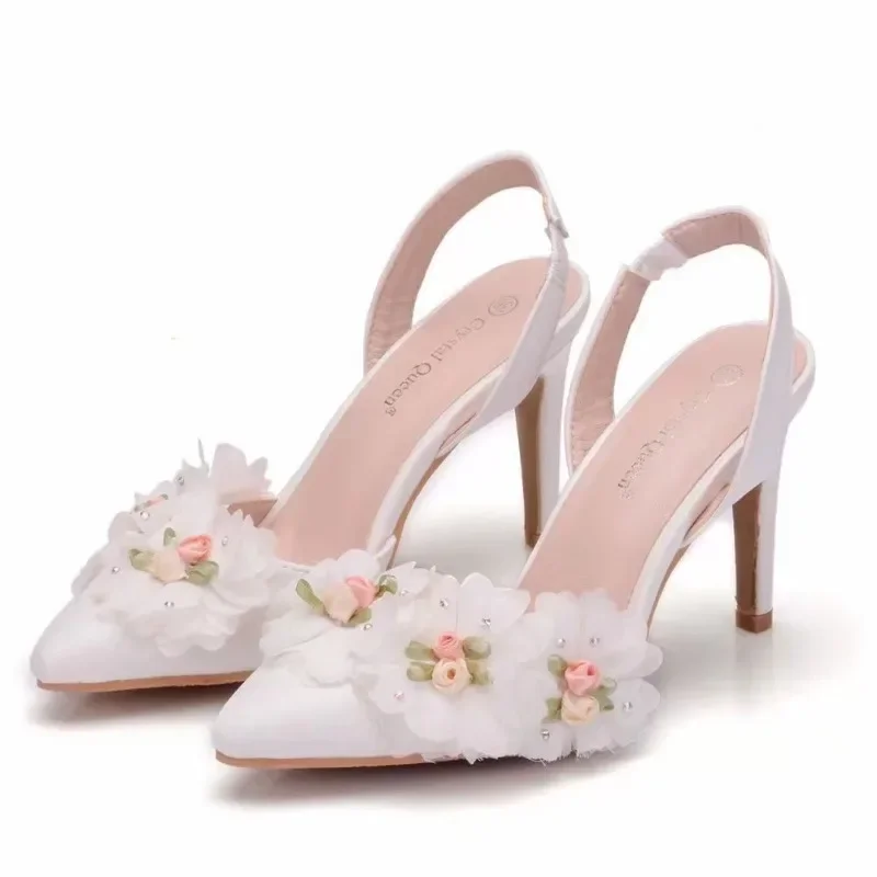 Pointed Casual Single Shoes Sweet White Flower Sexy Dress Wedding Shoes Women Sling Baotou High Heels Floral Sandals 2024