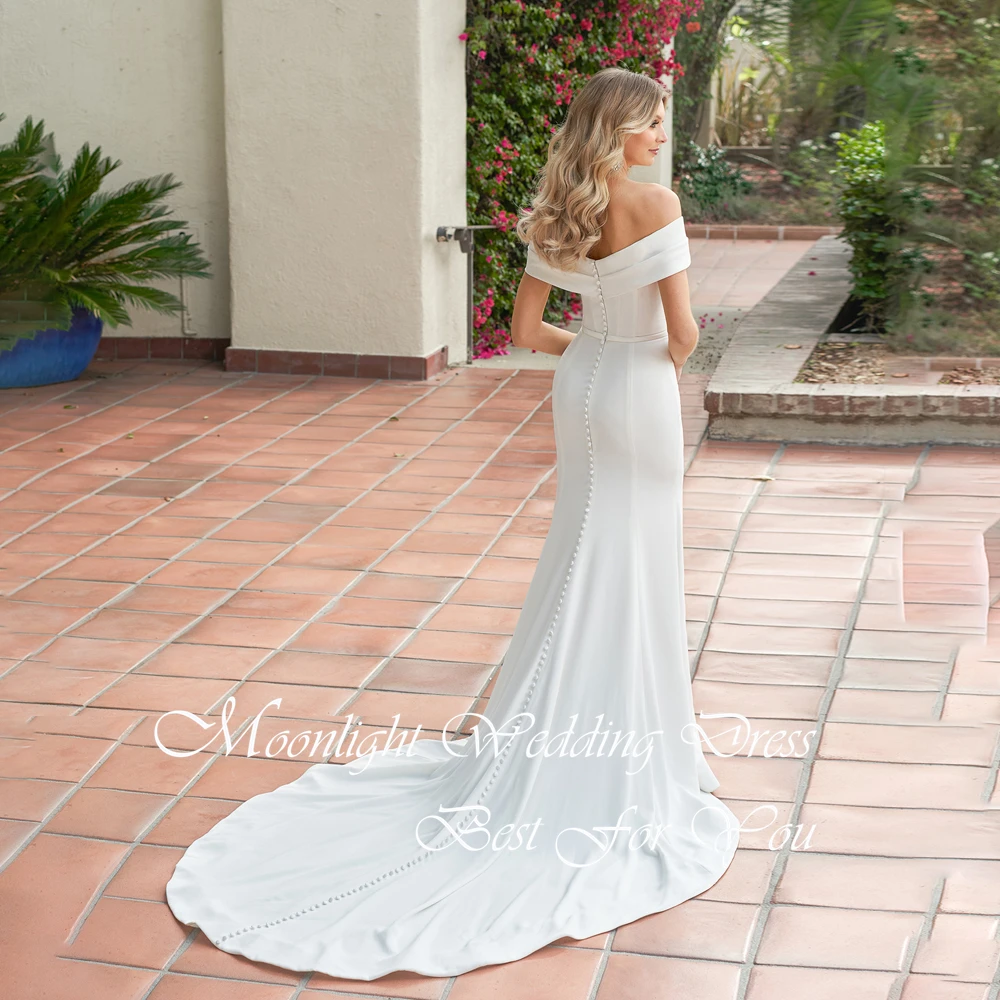 Simple V-Neck Off The Shoulder Mermaid Wedding Dress Women 2026 Pleat Open Back Sweep Train Buttons Vestidos De Novia Customized