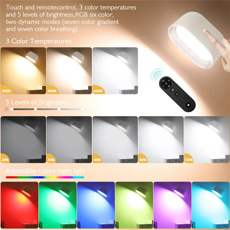 【Hot Cake】LED Wall Light Rechargeable 360° Rotatable Lamp 5 Brightness Levels RGB Night Light Touch And Remote-Control