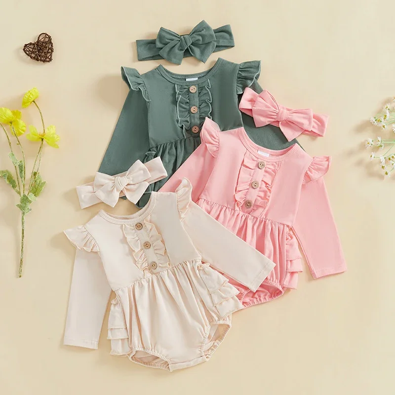 

Baby Girls Romper Toddler Infant Solid Color Ruffled Trim Tiered Hem Long Sleeve Jumpsuits Headband Newborn Clothes