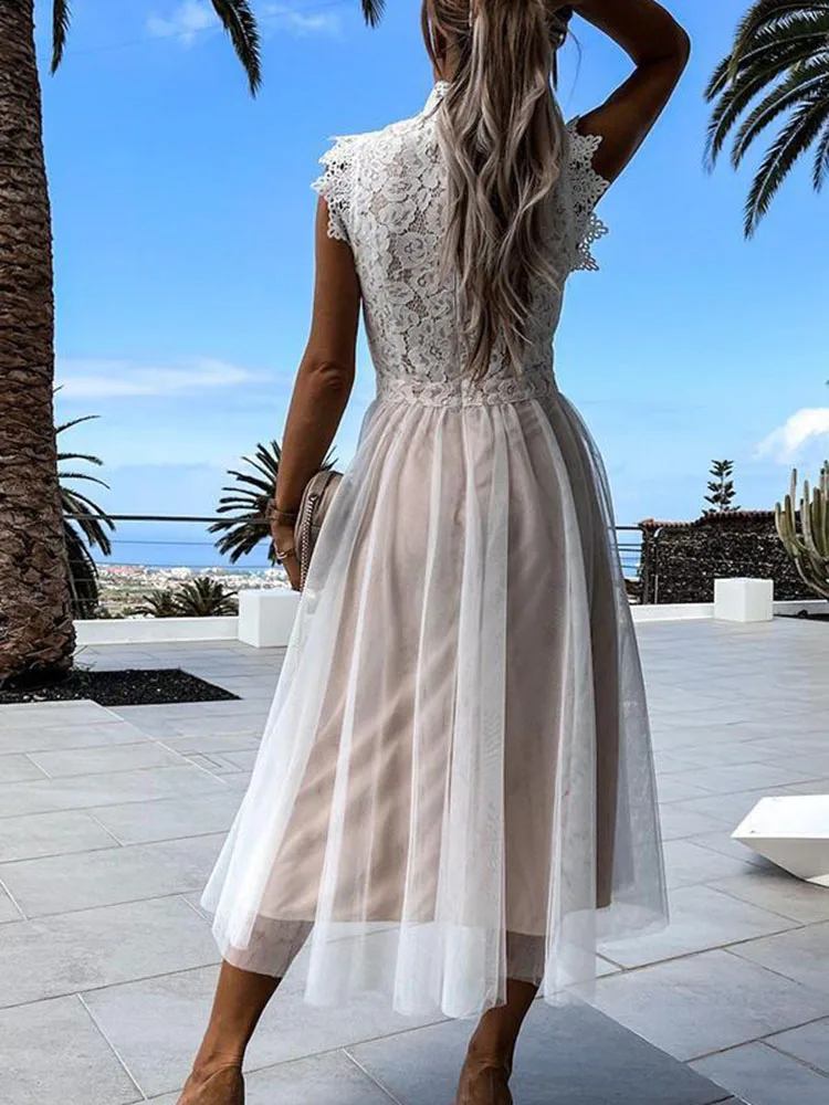 Summer Elegant White Women Dress Fashion Hook Flower Hollow Lace Mesh senza maniche Boho Midi Dresses for Women Streetwear Robe