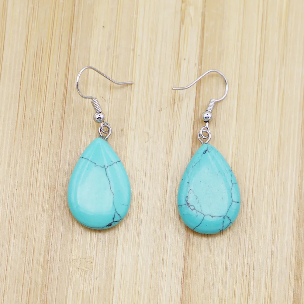 Hot Sell Natural Stone Turquoise Flat Water Drop Earrings Pendant Diy Dangle Women Party Wedding Fashion Jewelry Wholesale 6Pair