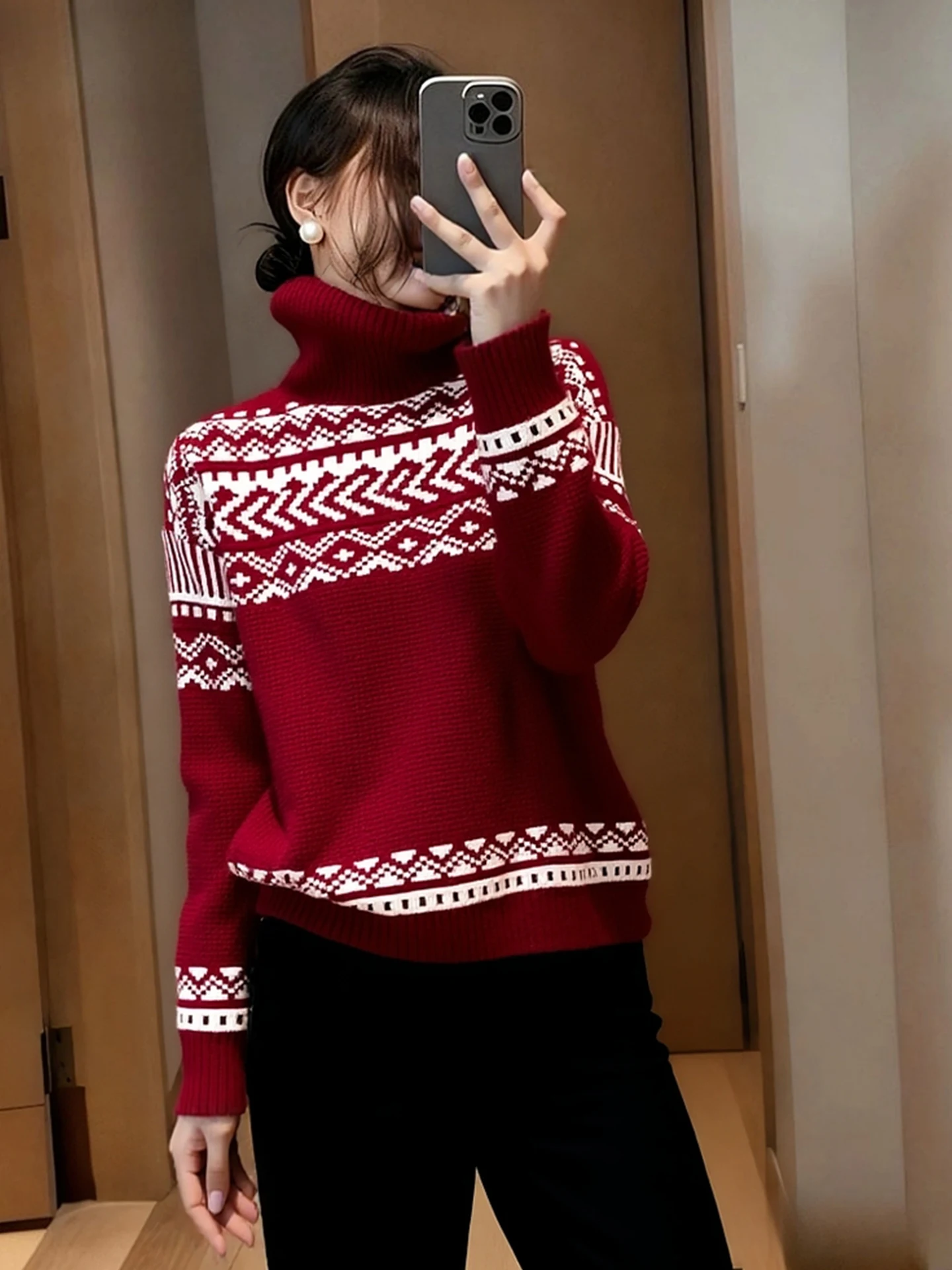 Faionable High Ne Knitted Sweater Long Sve Camere Contrast Color Design Korean Sle Loose Fit Commute Suitable