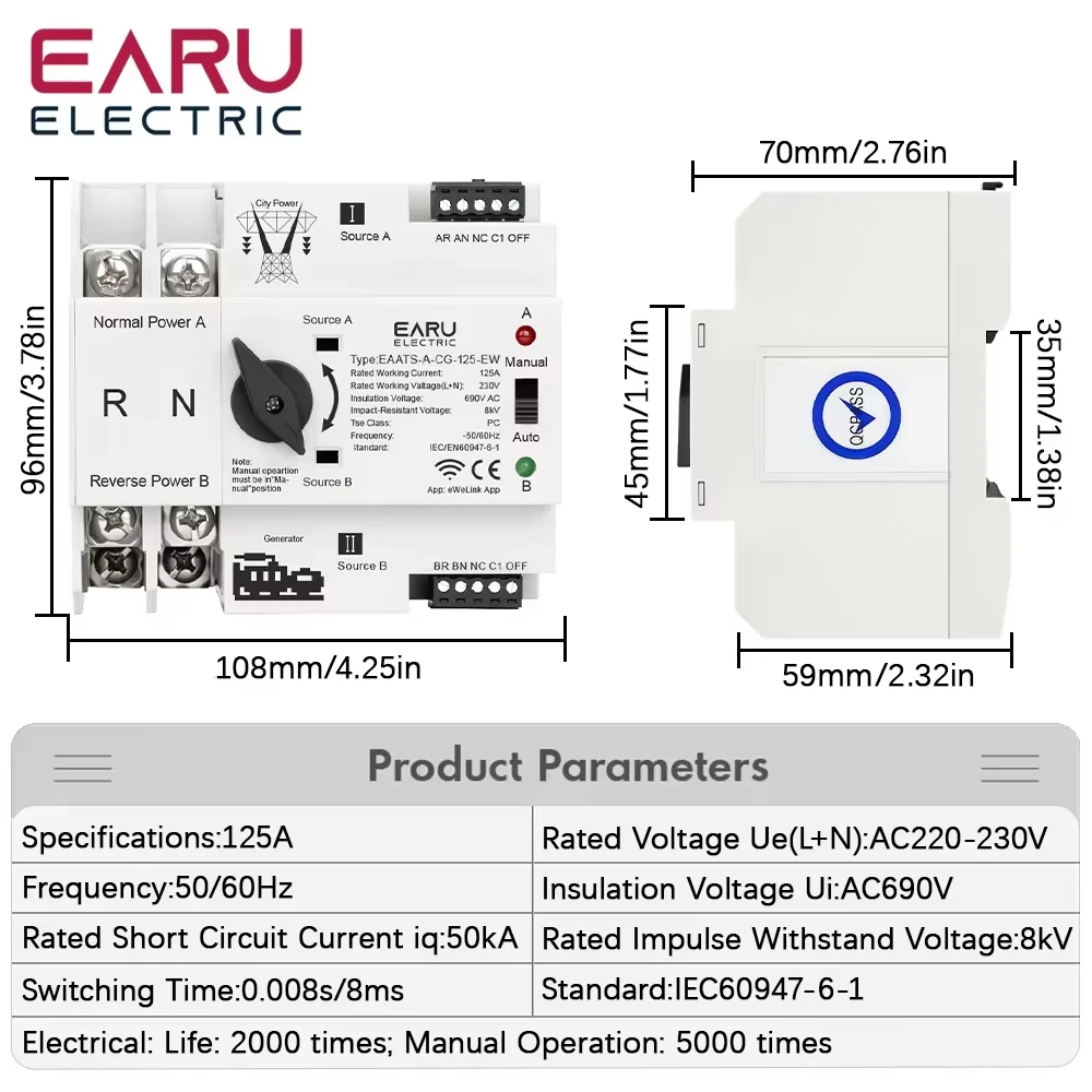 eWeLink WiFi Smart Remote Control 2P 125A AC 230V ATS Dual Power Automatic Transfer Electrical Selector Switch Uninterrupted