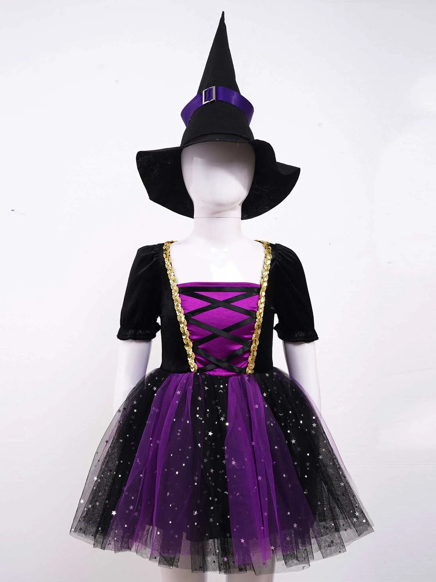 Kinder Mädchen Hexe Kostüm Sparkly Sterne Halloween Cosplay Mesh Kleid Up Kleidung mit Spitzen Hut für Karneval Themed Party