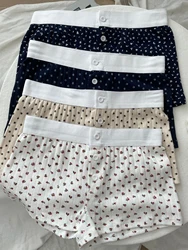 Floral Eyelet Cotton Boy Shorts Woman Summer Three Buttons Patchwork Elastic Waist Straight Short Pant Sweet Cute Home Underwear