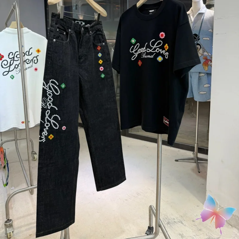 

American Retro Goodbrand Pants Black Washed Denim Trousers High-quality Embroidery Colorful Floral Letters Logo Jeans Men Women