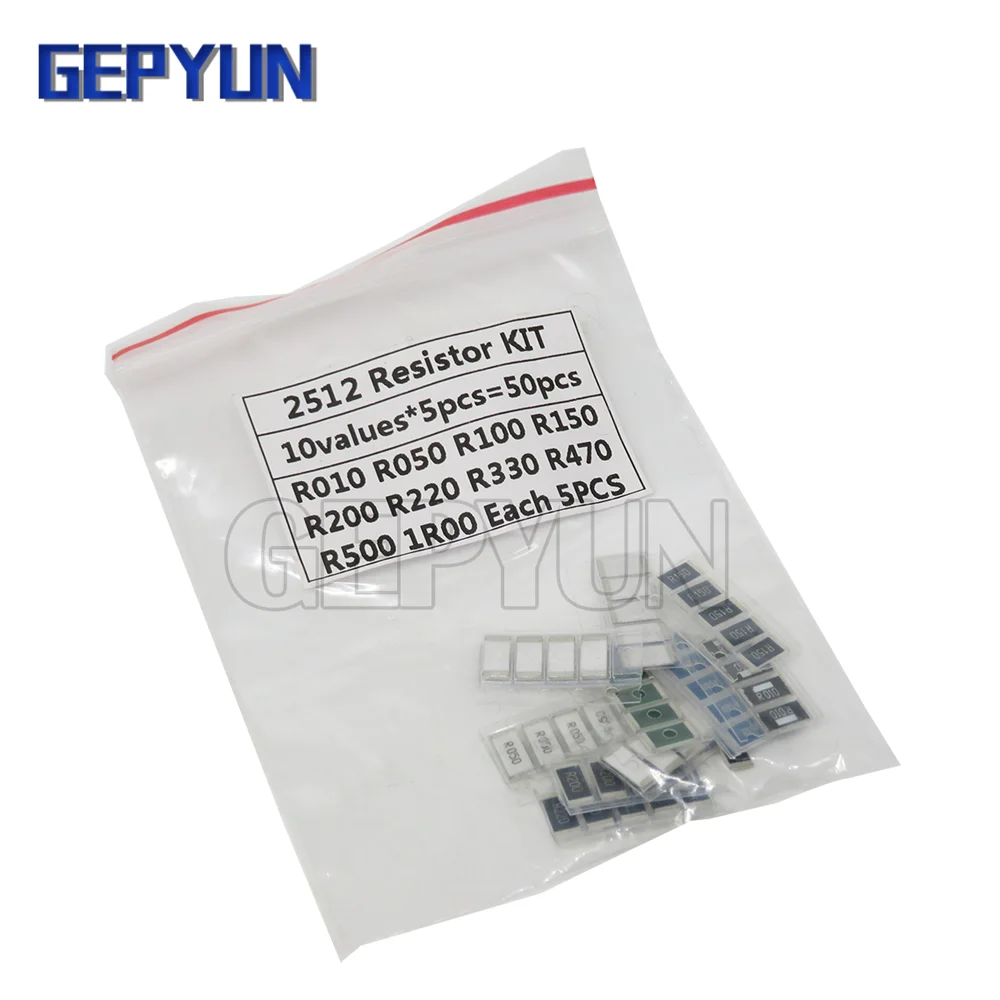 50PCS 1% 2512 SMD Resistor Campioni kit Valore 10X5PCS 1R00 R500 R470 R330 R220 R200 R150 R100 R050 R010